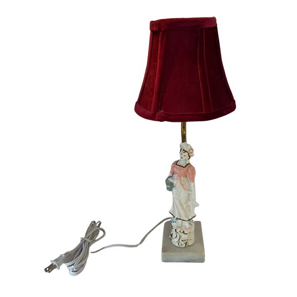 VTG Porcelain Figurine Table Lamp w/ Velvet Shade Brass Pole Marble Base 17.5” - Picture 9 of 11